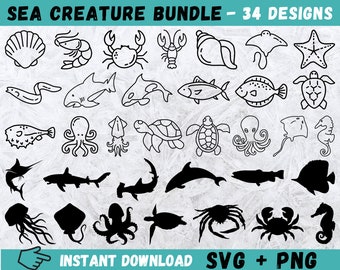 Sea Creatures SVG Bundle: Hand-Drawn Ocean Animals Clipart (SVG, PNG)