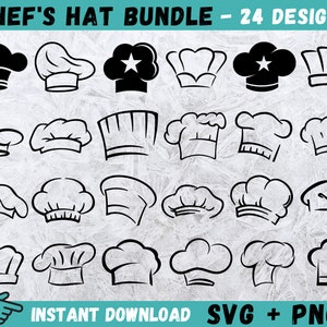 May include: A set of 24 black and white chef hat illustrations. The hats are in various styles, including tall, short, and with different designs. The text "CHEF'S HAT BUNDLE - 24 DESIGNS" is at the top of the image. The text "INSTANT DOWNLOAD SVG + PNG" is at the bottom of the image.