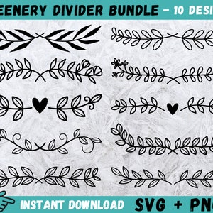 May include: A set of 10 black and white SVG and PNG files featuring different greenery divider designs. The designs include simple leaves, branches with hearts, and more intricate designs.
