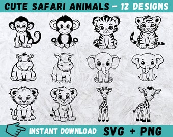 Safari Tiere SVG, niedliche Safari Tiere Clipart, Safari Silhouette, Löwe, Tiger, Nilpferd, Giraffe, Affe Vektor, Clipart, Baby Tier Cricut