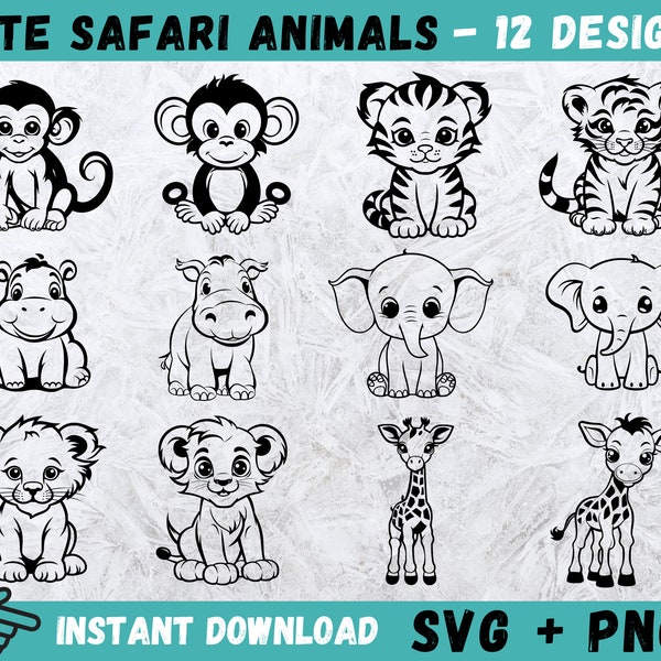 Safari Animals SVG, Cute Safari Animals Clipart, Safari Silhouette, Lion, Tiger, Hippo, Giraffe, Monkey Vector, Clipart, Baby Animal Cricut