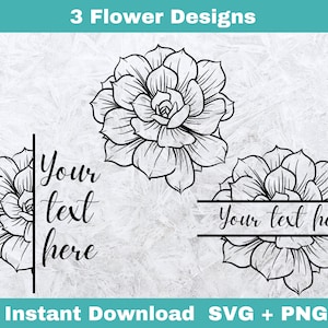May include: Three black and white line art flower designs. The first design is a single flower with the text "Your text here". The second design is a single flower with the text "Your text here" in a banner below the flower. The third design is a single flower.