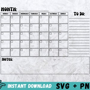 Calendrier SVG, calendrier avec Notes SVG, clipart calendrier mensuel, Svg décoration maison, Svg déco bureau, calendrier vierge, vecteur, Cricut, Silhouette