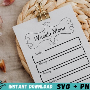 Menú de cena semanal, menú semanal Svg, menú semanal vectorial, archivo de corte vectorial, menú semanal imprimible, planificación de comidas Svg, comidas semanales Svg, vector