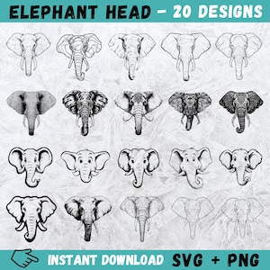 Peut inclure: Une collection de 20 modèles de têtes d'éléphants en noir et blanc. Les dessins varient des illustrations détaillées aux dessins de style cartoon. Le texte en haut indique "ELEPHANT HEAD - 20 DESIGNS". Le texte en bas dit "INSTANT DOWNLOAD SVG + PNG".