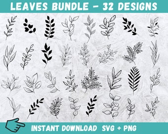 Hand Drawn Leaf SVG Bundle: 32 Leaves Clipart (Digital Download)
