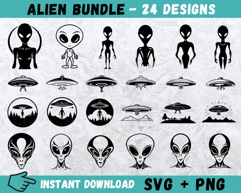 Alien SVG Bundle: UFO, Head, Ship Silhouette (24 Designs) (instant ...
