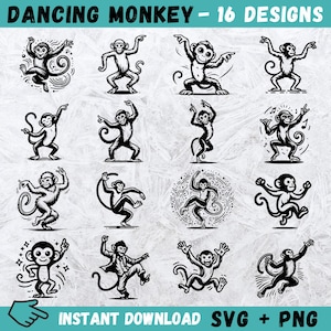 Singe dansant mignon SVG PNG, clipart animaux de la jungle pour Cricut & Silhouette, vecteur de décoration de shower de bébé, téléchargement immédiat, Ise commercial