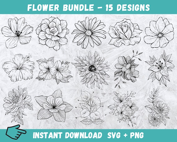 Hand Drawn Flower SVG Bundle: 15 Floral Designs (Digital Download)