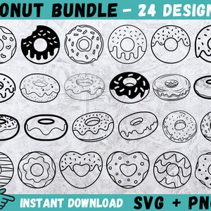 May include: A set of 24 black and white donut illustrations. The donuts are in various shapes and designs, including round, heart, and square. The donuts are decorated with sprinkles, icing, and chocolate.
