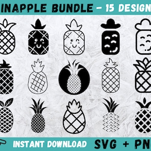 May include: A set of 15 black and white pineapple SVG and PNG digital downloads. The pineapples are in various styles, including a pineapple with a hat, a pineapple with a crown, and a pineapple with a face.