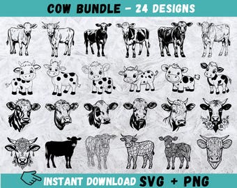 Lot vache SVG : 24 motifs d'animaux de la ferme dessinés à la main (téléchargement numérique)