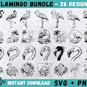 Flamingo SVG Bundle: Hand-Drawn Designs (28 Files) (Instant Download)