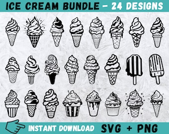 手描きアイスクリーム SVG バンドル: 夏のデザイン 24 点 (デジタルダウンロード)
