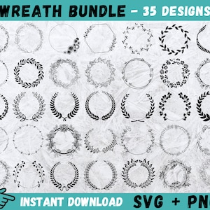 May include: A set of 35 black and white wreath designs. The wreaths are made of various shapes and sizes, including circles, squares, and hexagons. The wreaths are decorated with leaves, flowers, and other decorative elements. The text "WREATH BUNDLE - 35 DESIGNS" is at the top of the image. The text "INSTANT DOWNLOAD SVG + PNG" is at the bottom of the image.