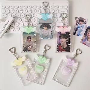 Acrylic Glitter Photocard Sleeve Keychain - Angel Love Transparent Kpop Card Holder - 3 Inch Cute Idol Accessory