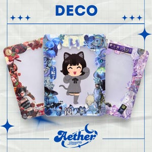 May include: Three rectangular photo frames featuring decorative borders. The left frame has red strawberry motifs. The center frame is blue with a cartoon character in a cat costume and the text 了解です and 镜. The right frame is purple with the text 夢で会いましょう.