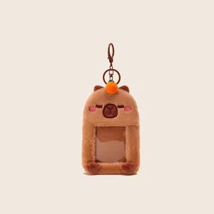 Capybara Plush Photocard Holder - Fluffy Animal ID Card Protector with Keychain