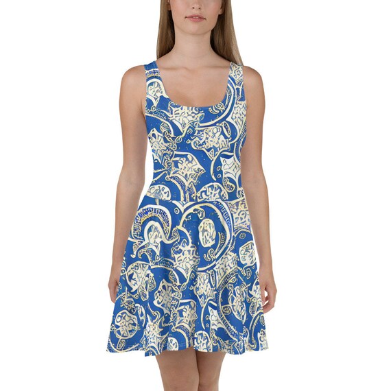 Elegant Sleeveless Skater Dress, Patterned Summer Beach Dress