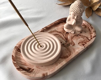 Meditation Decor Set: Decorative tray with incense holder and Buddha figure, incense bowl, yoga gift