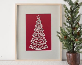 Papercut Christmas Tree Art: Holiday Wall Decor (8x10 Matted)