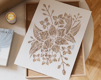 Lily Flower Giclee Art Print: Vintage Map Papercut Wall Decor