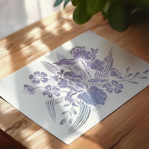 Flor de íris com mapa vintage Fine Art Giclee Print, decoração para amantes de viagens, arte de parede inspirada em viagens, impressão de arte em papel recortado, impressão de arte de mapa