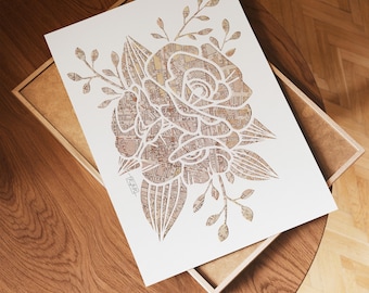 Daffodil Map Art Print: Vintage Floral Papercut Giclee