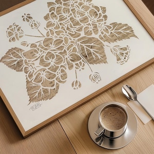 Impresión artística de papel recortado de hortensias: decoración de pared con mapa vintage en giclée