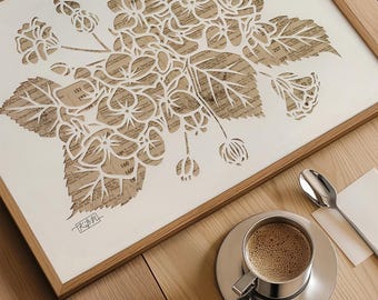 Hydrangea Papercut Art Print: Vintage Map Giclee Wall Decor