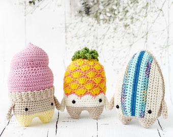 Crochet set: Surf, Pineapple and Ice-cream, Crochet toys, handmade amigurumi toy, finished product