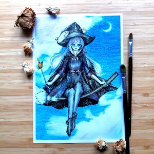 Starry Ink Witch Drawing A4-A6 Prints and Postcards - by Nikita