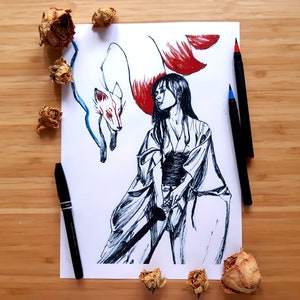 Lady Samurai Ink Brush A4-A6 Impresiones y Postales - por Nikita