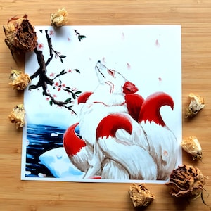 Blissful Kitsune Japon Aquarelle Peinture A4-A5 Impressions et cartes postales - par Nikita