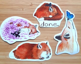 Op de afbeelding: Vier vossen stickers met verschillende poses. Eén vos ligt opgerold te slapen in een bed van paarse bloemen. Een andere vos ligt opgerold te slapen. Een derde vos kijkt omhoog naar een blauwe vlinder. De vierde vos ligt opgerold te slapen met het woord "done." eronder geschreven.