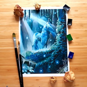 Magical Forest Unicorn Watercolour Prints and Postcards - by Nikita