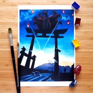 Japanse Torii Kitsune aquarel A4-A6 prenten en ansichtkaarten - door Nikita