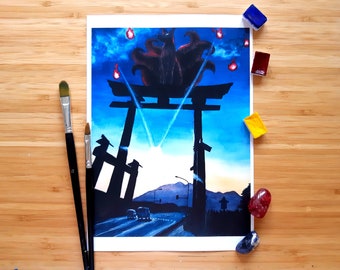 Japanese Torii Kitsune Watercolour A4-A6 Prints and Postcards - by Nikita