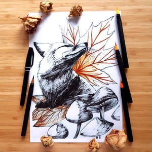 Pinceau d'encre renard d'automne A4-A6 Impressions et cartes postales - par Nikita