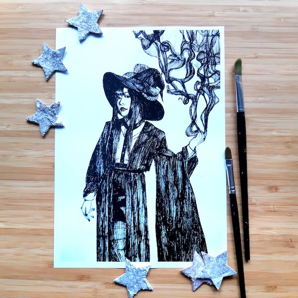 Smoky Witch Ink Drawing A4-A6 Prints and Postcards - by Nikita