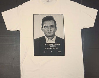 JOHNNY CASH T-shirt Distressed Mug Shot Tee 100% Cotton Vintage