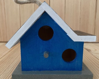 Small Sparkle Blue Hanging Hand-painted Birdhouse with Gray Roof and White Trim