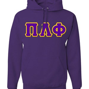 May include: Purple hooded sweatshirt with a gold and purple Greek letter design that reads "ΠΛΦ".