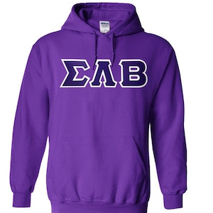 May include: Purple hooded sweatshirt with the Greek letters "ΣΛΒ" in white and navy blue on the front.