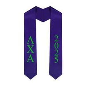 May include: Purple graduation sash with green embroidered text "AXA" and "2023"