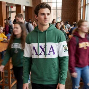 May include: A green heathered hoodie featuring a wide white horizontal chest stripe with the purple Greek letters Lambda Chi Alpha, or ΛΧΑ, printed across the center. The hoodie includes a drawstring hood and a small crest on the left sleeve.