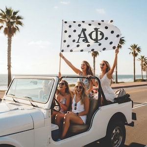 May include: A white convertible with several people inside, driving along a coastal road. One person is holding a white flag with black polka dots and the Greek letters ΑΦ. Palm trees line the road.