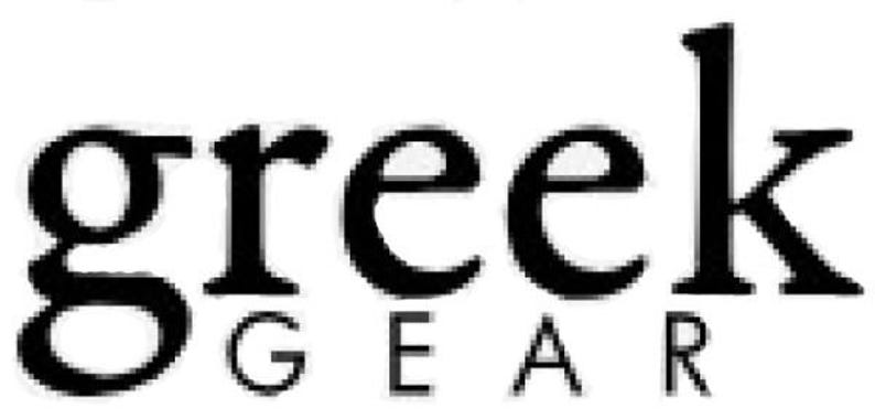 Op de afbeelding: Zwart-wit logo met de tekst "greek GEAR". Het woord "greek" is in een vetgedrukte, gestileerde lettertype, terwijl "GEAR" eronder in een kleiner, schreefloos lettertype staat. Het logo is eenvoudig en strak.