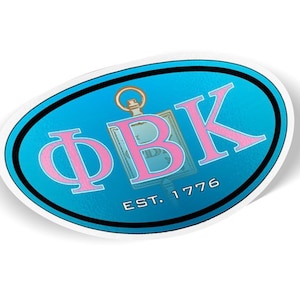 May include: A blue and white oval sticker with the letters "ΦΒΚ" in pink and the text "EST. 1776" in black. The sticker features a small image of a pocket watch.