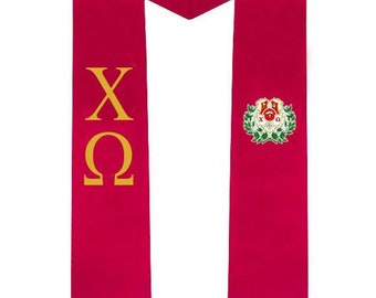 Chi Omega Greek Lettered Graduation Sash Stole With Crest